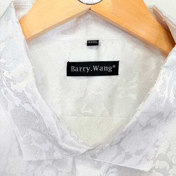 BARRY WANG Silk Blend White Paisley Floral Jacquard Button Up Dress Shirt 3XL - Picture 2 of 7